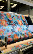 close up of our balearic design being printed on to fabric in our factory