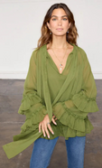 model is wearing the olive elinor blouse with the denim flare jeans