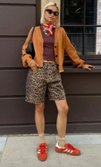 model is wearing the leopard long shorts with the chocolate ribbed tank and camel knit cardigan