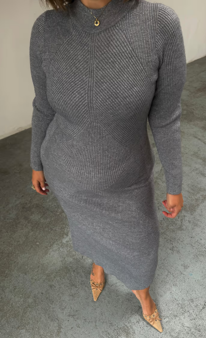 close up of our gunmetal ribbed knit suki midi dress