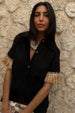 caption_Model wears  Black Raffia Shirt in UK size 8/ US 4