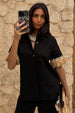 caption_Model wears  Black Raffia Shirt in UK size 8/ US 4