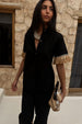 caption_Model wears  Black Raffia Shirt in UK size 8/ US 4