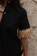 caption_Model wears  Black Raffia Shirt in UK size 8/ US 4