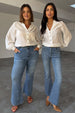 caption_Models wear Denim Flare Scallop Jean  in UK size 8 and 18