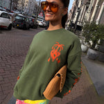 Khaki Sweatshirt with Orange Embroidery