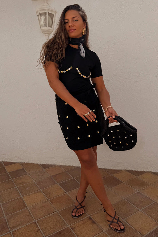 Black Crochet Shell Wrap Skirt
