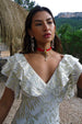caption_Model wears Cream Jacquard Tilda Mini Dress in UK size 10/ US 6